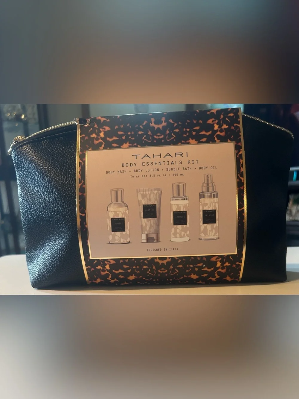 Tahari Black Pebbled Cosmetic Clutch with Leopard Accent Box